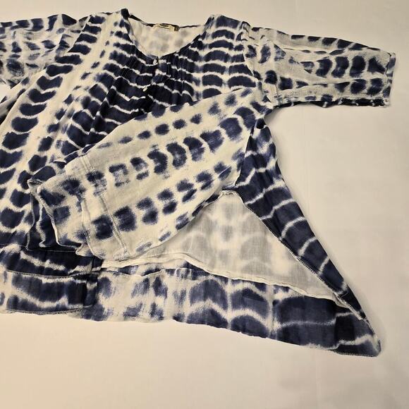 Dolma Boho Tie Dye Blouse L Blue White Cotton Lightweight Tunic Side Slit Top - Picture 5 of 8